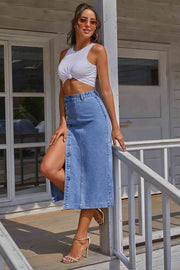 Split Buttoned Denim Skirt