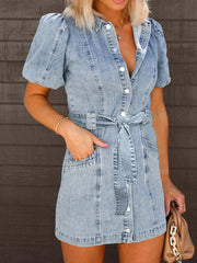 Puff Sleeve Button Up Mini Denim Dress