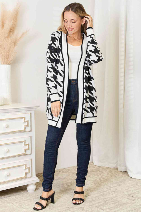 Woven Right Houndstooth Open Front Longline Cardigan