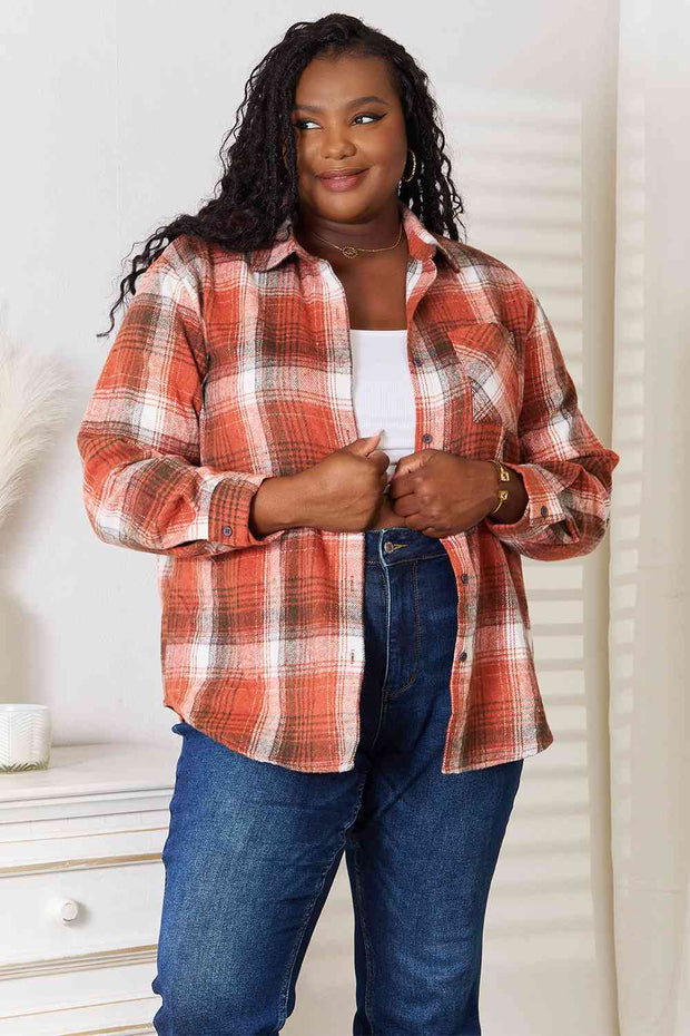 Double Take Plaid Collared Neck Long Sleeve Shirt