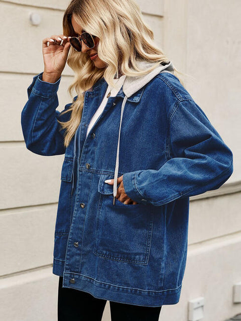 Drawstring Button Down Hooded Denim Jacket