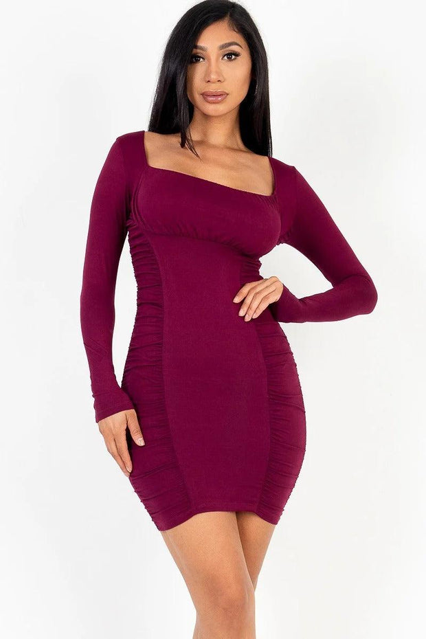 U-neck long sleeve ruched bodycon mini dress - MerseSlay 