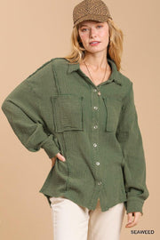 Mineral wash button down top with high low hem - MerseSlay 