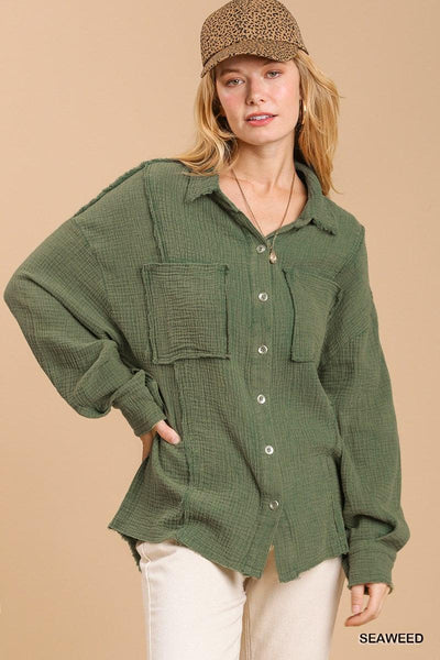 Mineral wash button down top with high low hem - MerseSlay 