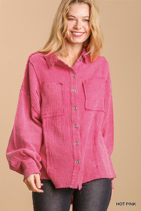 Mineral wash button down top with high low hem - MerseSlay 