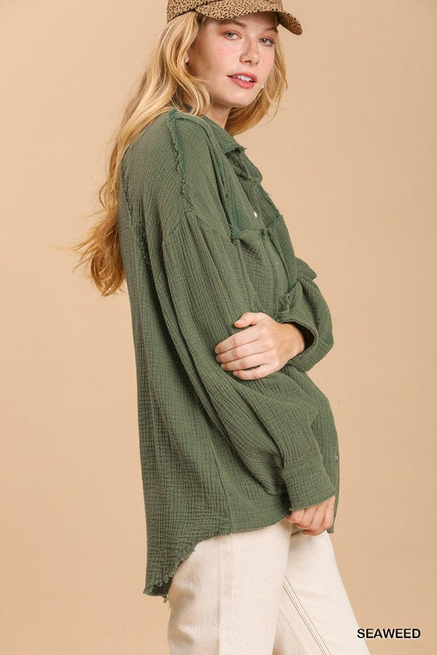 Mineral wash button down top with high low hem - MerseSlay 