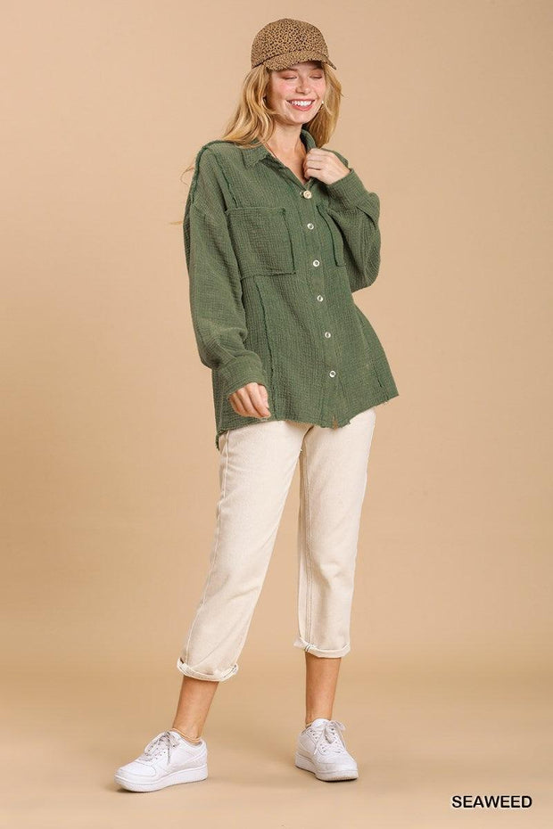 Mineral wash button down top with high low hem - MerseSlay 