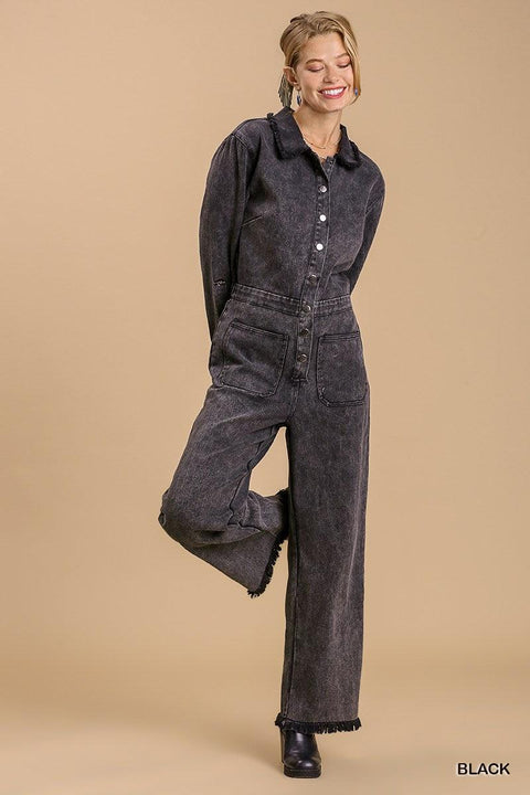 Mid button down stone wash wide leg distressed jumpsuit & side pockets with no lining - MerseSlay 