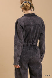 Mid button down stone wash wide leg distressed jumpsuit & side pockets with no lining - MerseSlay 