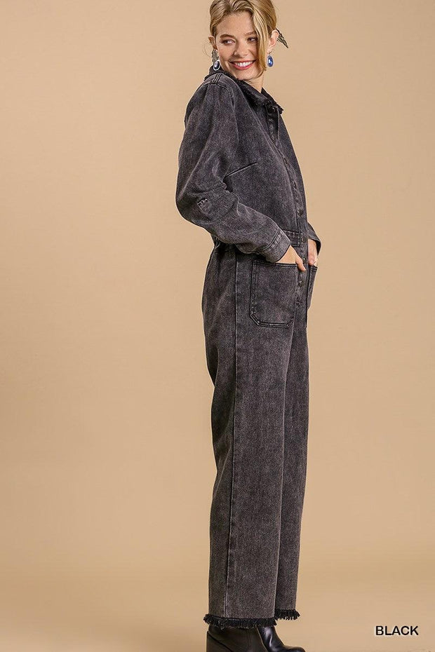 Mid button down stone wash wide leg distressed jumpsuit & side pockets with no lining - MerseSlay 