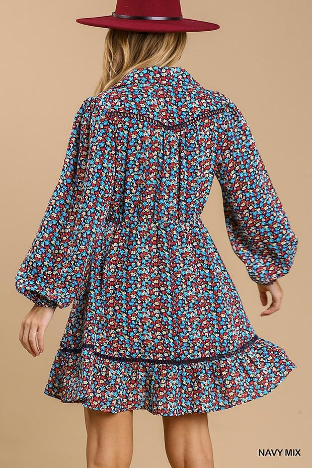 Collared neckline button down floral print dress with crochet trimmed details - MerseSlay 