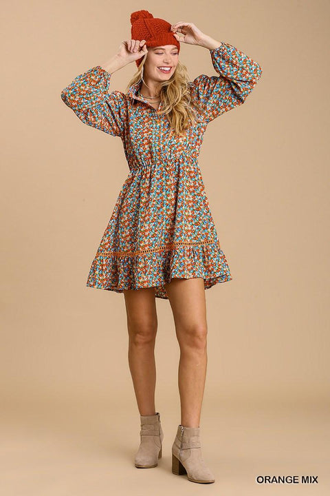 Collared neckline button down floral print dress with crochet trimmed details - MerseSlay 