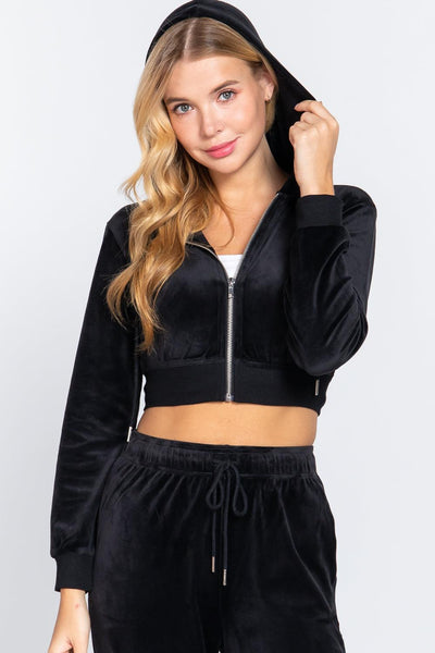 Long Slv Velour Hoodie Crop Jacket - MerseSlay 