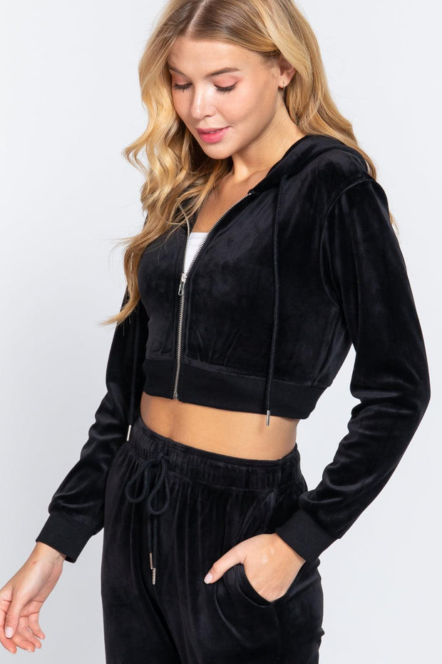 Long Slv Velour Hoodie Crop Jacket - MerseSlay 