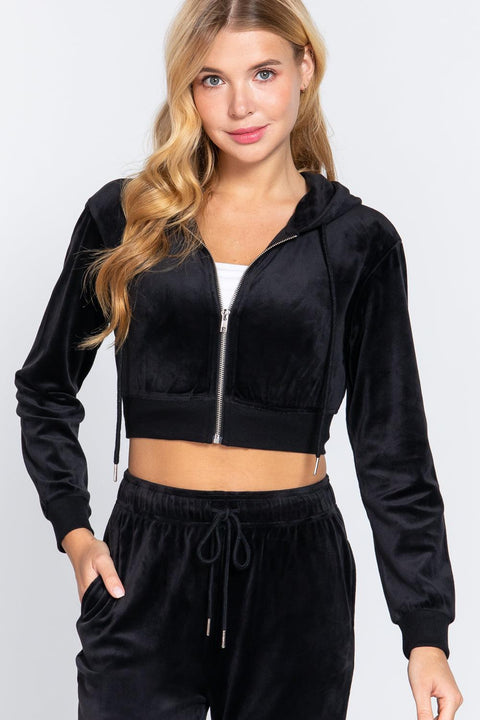 Long Slv Velour Hoodie Crop Jacket - MerseSlay 