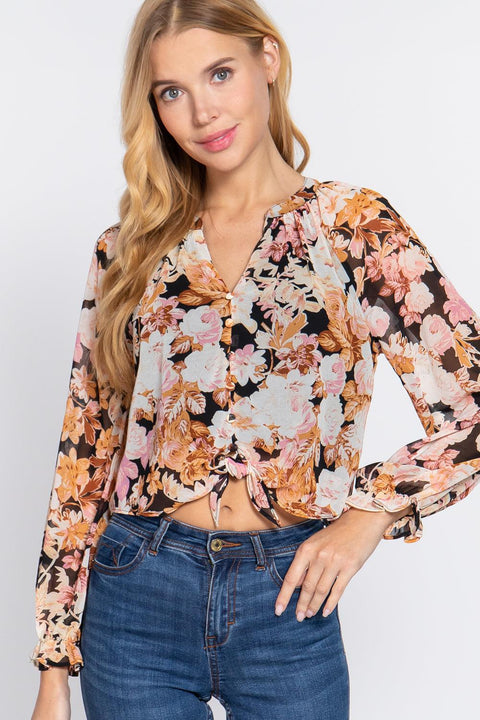 Front Tie Detail Print Woven Blouse - MerseSlay 