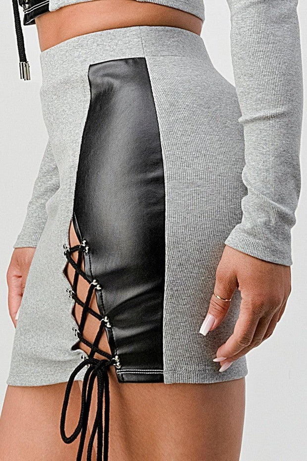 2 Piece Set With Cropped Long Sleeve Shirt With Pu Leather Detail Matching Mini Skirt - MerseSlay 