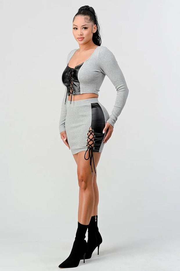 2 Piece Set With Cropped Long Sleeve Shirt With Pu Leather Detail Matching Mini Skirt - MerseSlay 