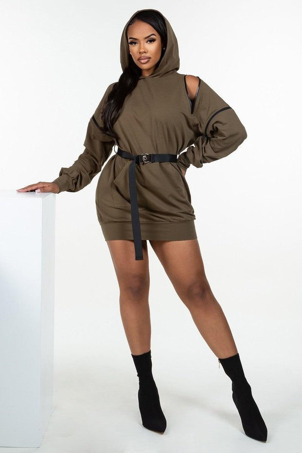 Double Zipper Long Sleeve Hooded Mini Dress - MerseSlay 