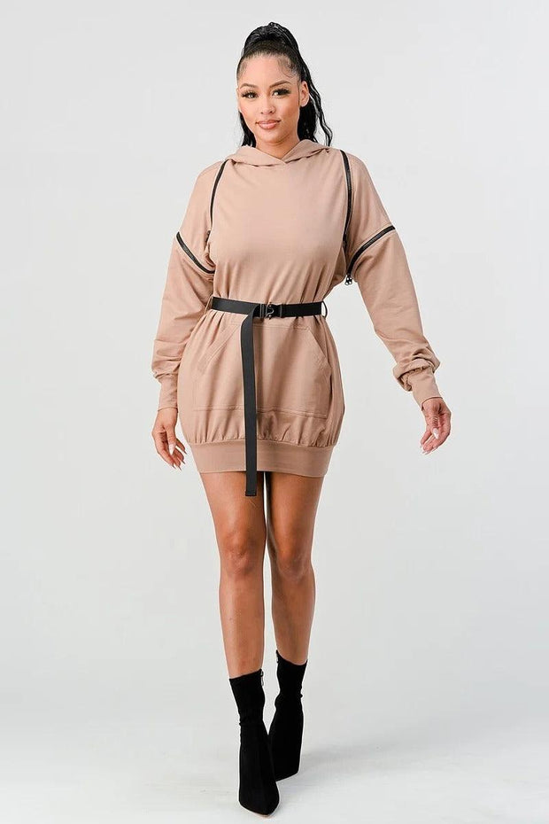 Double Zipper Long Sleeve Hooded Mini Dress - MerseSlay 