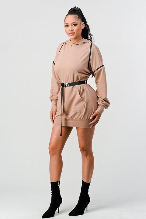 Double Zipper Long Sleeve Hooded Mini Dress - MerseSlay 