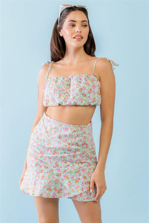 Mint Fuchsia Print Cotton Sleeveless Strappy Crop Top & High Waist Wrap Hem Mini Skirt Set - MerseSlay 