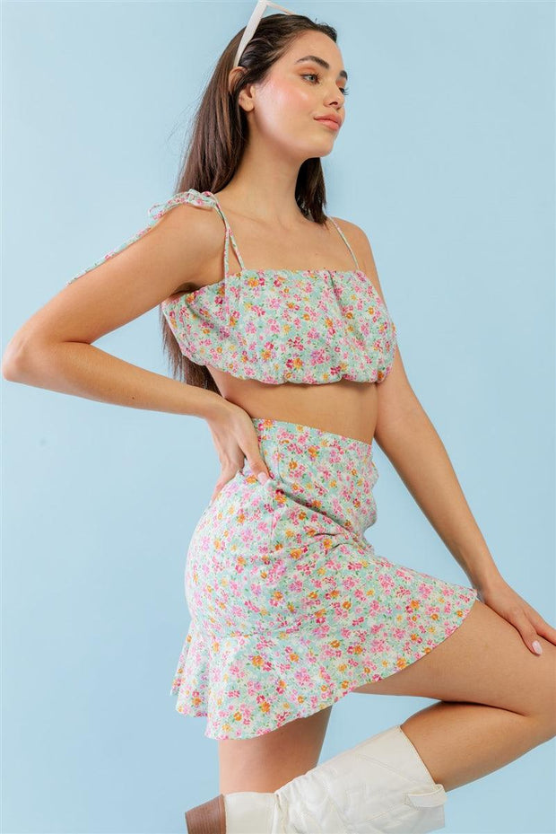 Mint Fuchsia Print Cotton Sleeveless Strappy Crop Top & High Waist Wrap Hem Mini Skirt Set - MerseSlay 