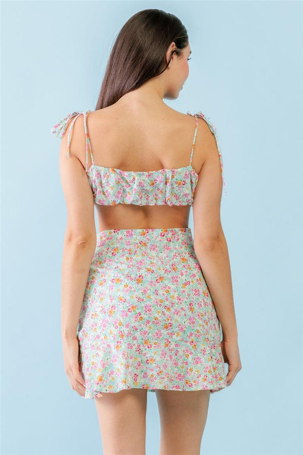 Mint Fuchsia Print Cotton Sleeveless Strappy Crop Top & High Waist Wrap Hem Mini Skirt Set - MerseSlay 