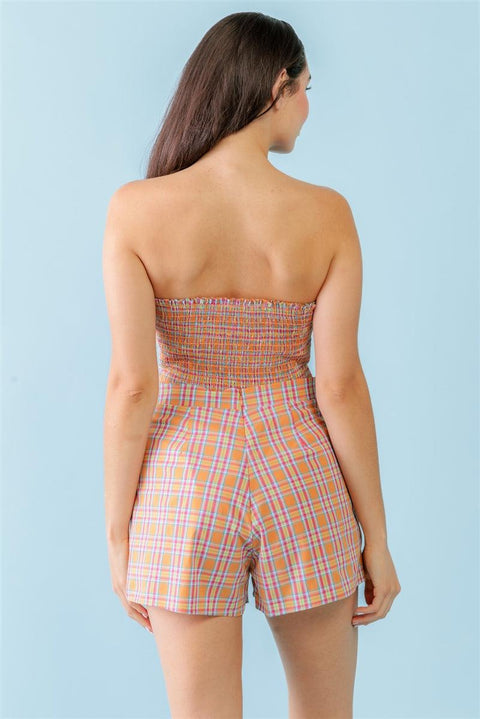 Orange & Aqua Plaid Print Cotton Strapless Crop Top & High Waist Two Pocket Shorts Set - MerseSlay 