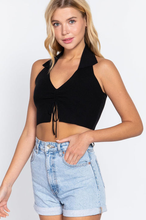 Halter Ruched Crop Sweater Knit Top - MerseSlay 