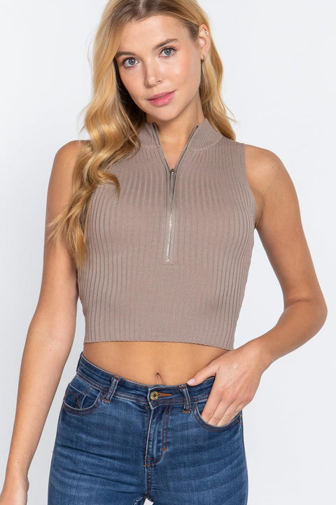 Sleeveless Rib Sweater Top W/zipper - MerseSlay 