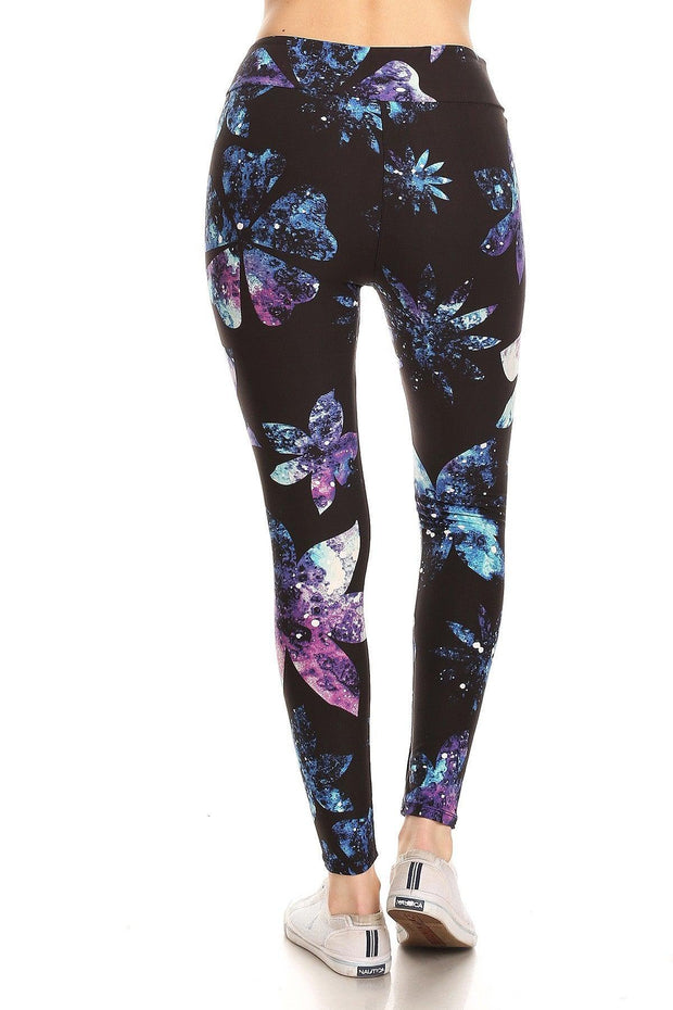 Yoga Style Banded Lined Galaxy Silhouette Floral Print, Full Length Leggings In A Slim Fitting Style With A Banded High Waist - MerseSlay 