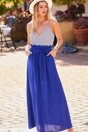 Striped Print Cami Sol Top Hi-waist Skirt Side Pocket Maxi Dress - MerseSlay 