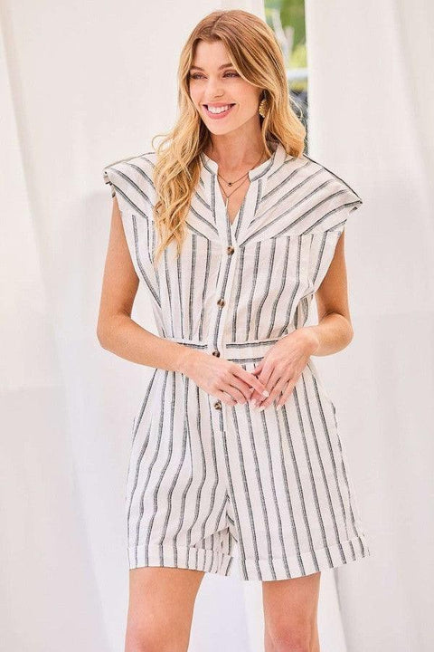 Notched Neck Button Elastic Band Waist Stripe Print Romper - MerseSlay 