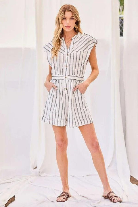 Notched Neck Button Elastic Band Waist Stripe Print Romper - MerseSlay 