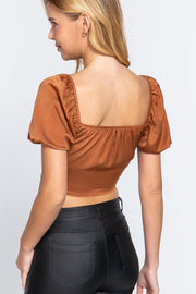 Short Slv Shirring Satin Crop Top - MerseSlay 