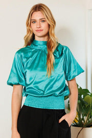 Waist Smocked Solid Satin Blouse - MerseSlay 