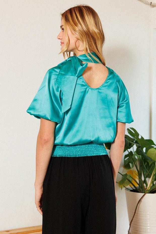 Waist Smocked Solid Satin Blouse - MerseSlay 