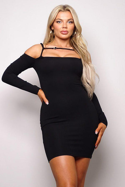 Long Sleeve Cuff Front Strap Mini Dress - MerseSlay 