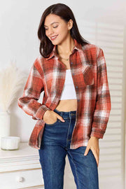 Double Take Plaid Collared Neck Long Sleeve Shirt