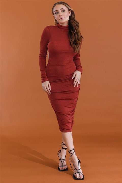 Brick Satin Effect Ruched Turtle Neck Open Back Midi Dress - MerseSlay 