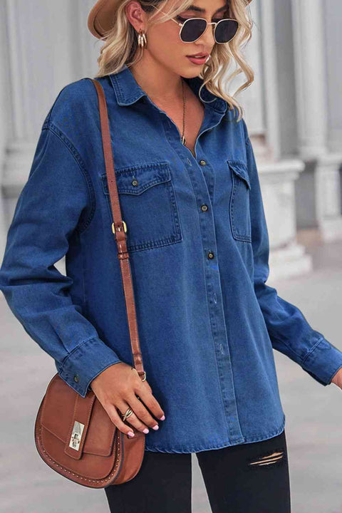 Collared Neck Dropped Shoulder Denim Top