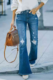 Buttoned Distressed Wide Leg Jeans