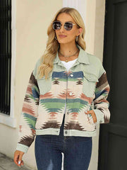 Printed Dropped Shoulder Long Sleeve Denim Jacket