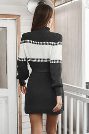 Contrast Tie Front Long Sleeve Sweater Dress