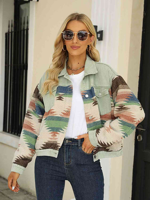 Printed Dropped Shoulder Long Sleeve Denim Jacket