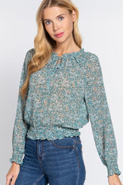 Long Slv Smocked Print Woven Top - MerseSlay 