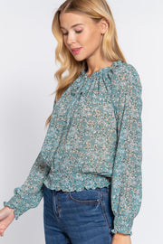 Long Slv Smocked Print Woven Top - MerseSlay 