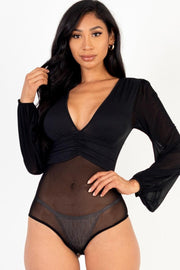 Mesh long sleeve deep v-neck bodysuit - MerseSlay 