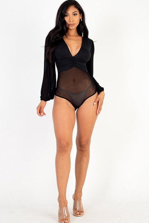 Mesh long sleeve deep v-neck bodysuit - MerseSlay 